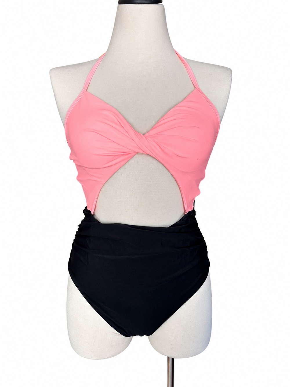NWT XL Pink Black Cutout One Piece Swimsuit Monokini Halter Tummy Control